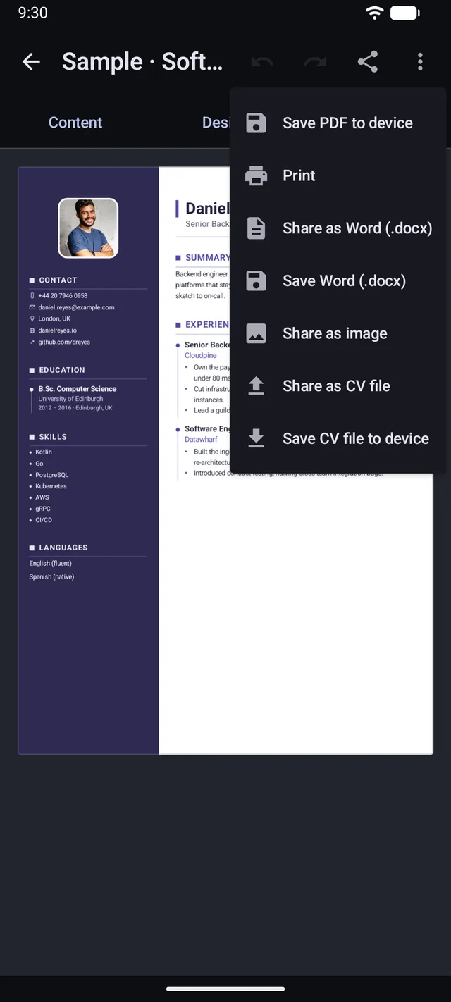 KeptCV export options for PDF, Word and image