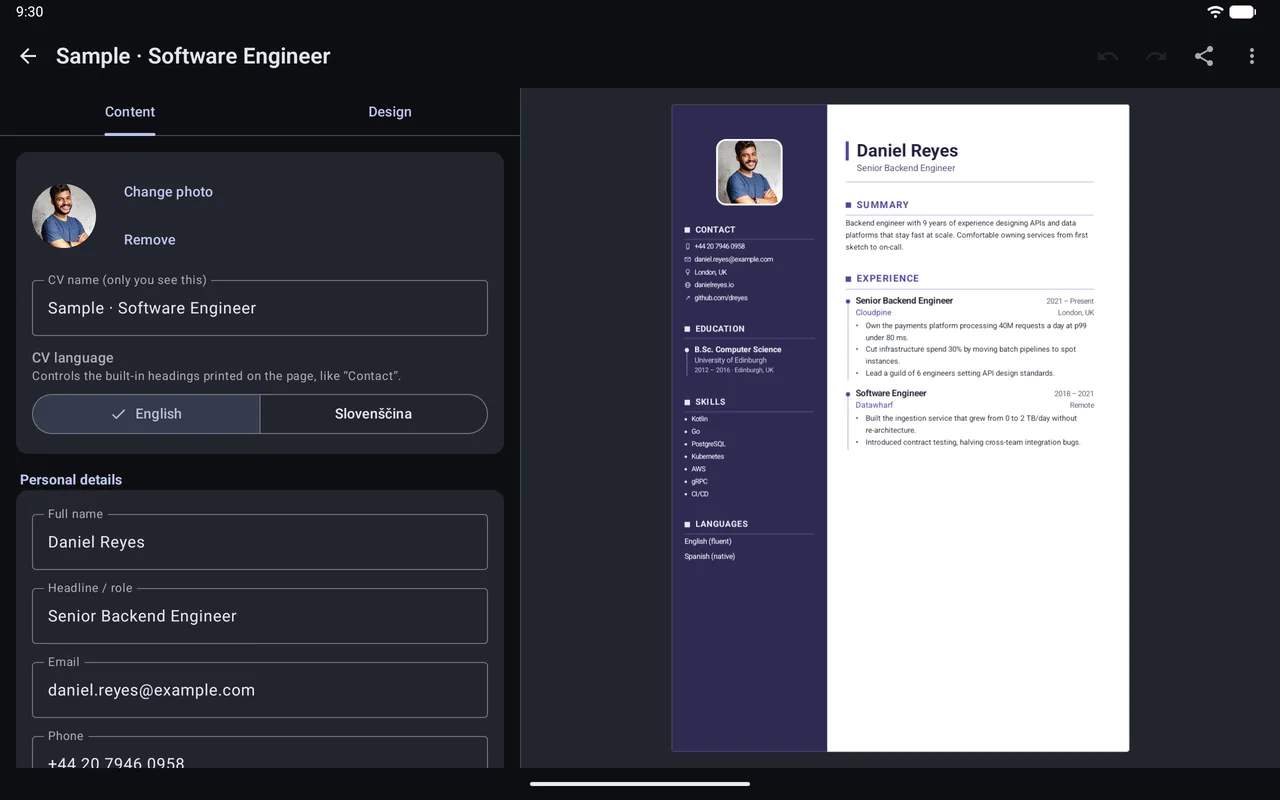 KeptCV on a tablet in landscape: the content editor on the left, a live preview of the CV on the right