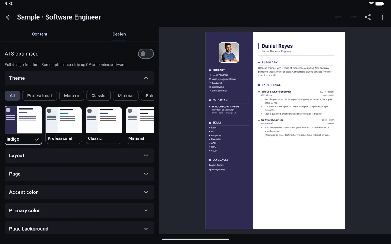 KeptCV on a tablet in landscape: the design and theme controls on the left, a live preview of the finished two-column CV on the right