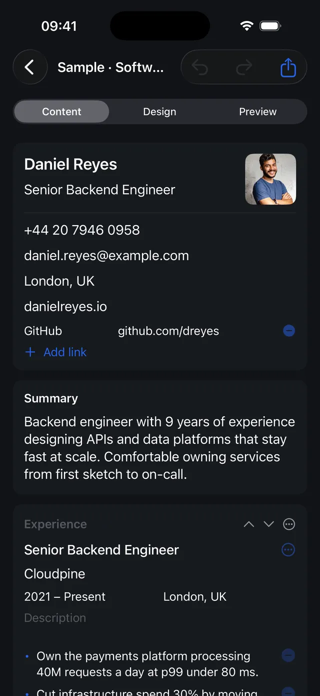 The content editor on iPhone with contact, summary and experience sections