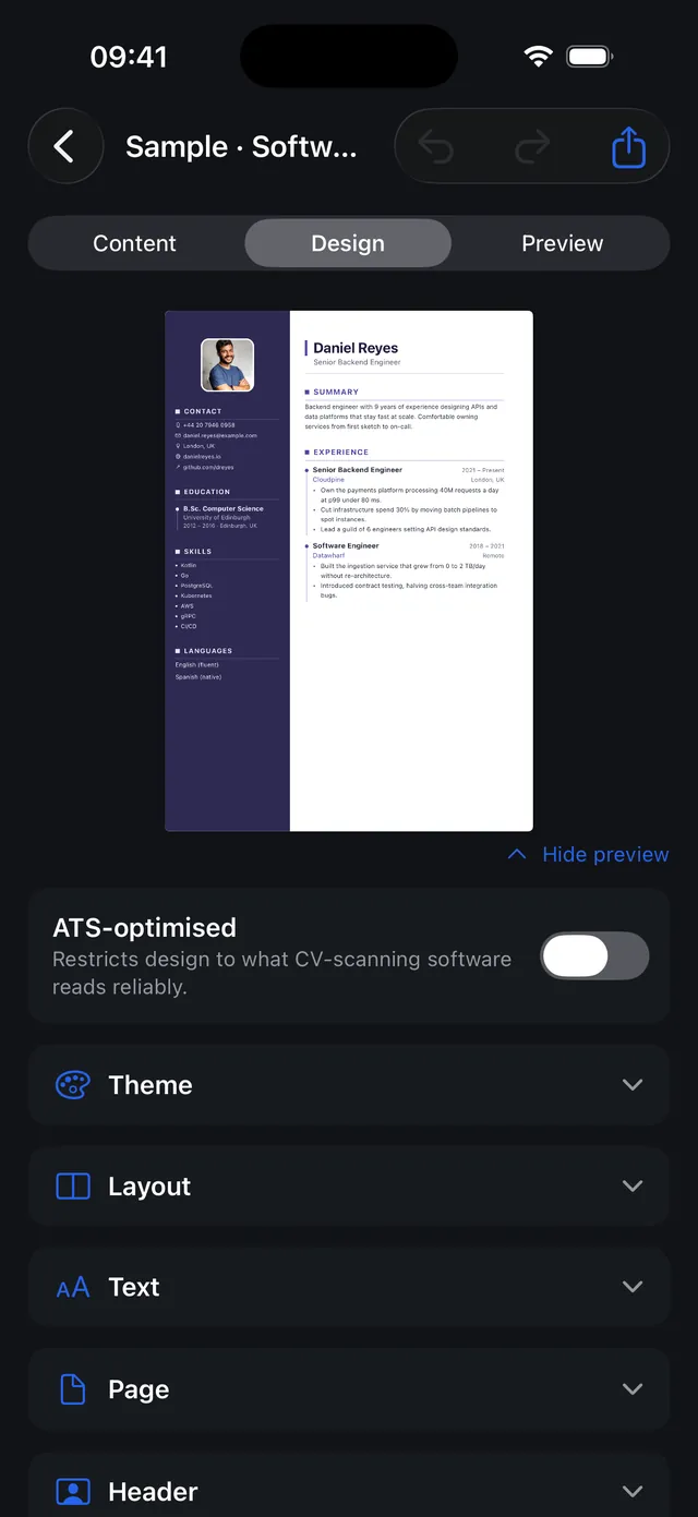 The design tab on iPhone with theme, layout and typography controls
