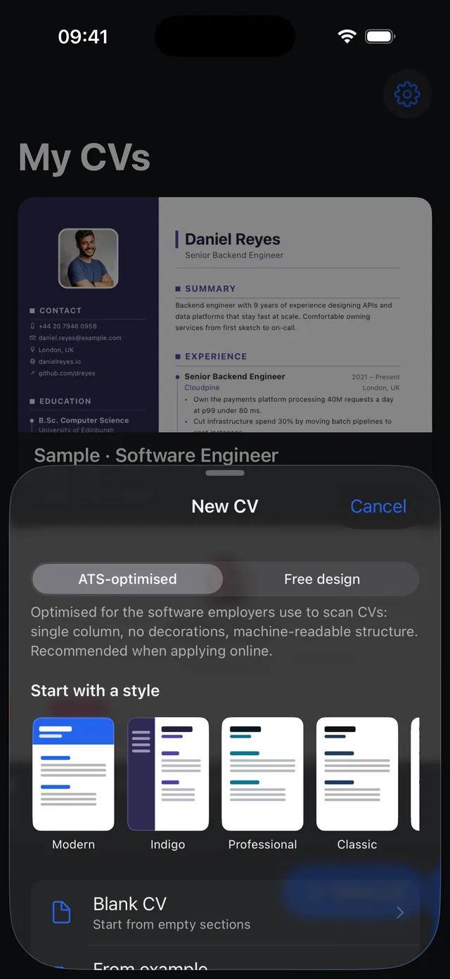 The New CV sheet on iPhone with the ATS-optimised and free design paths