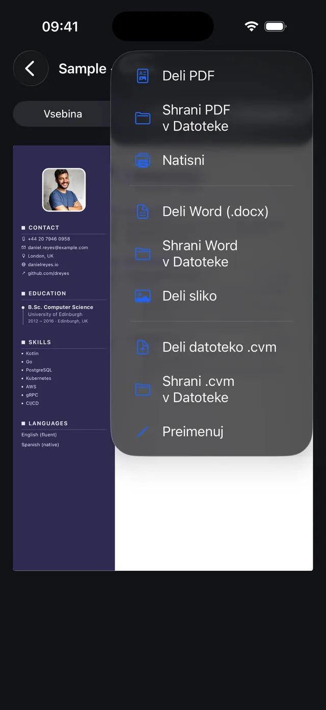 Meni za izvoz na iPhonu z možnostmi PDF, Word, slika in .cvm