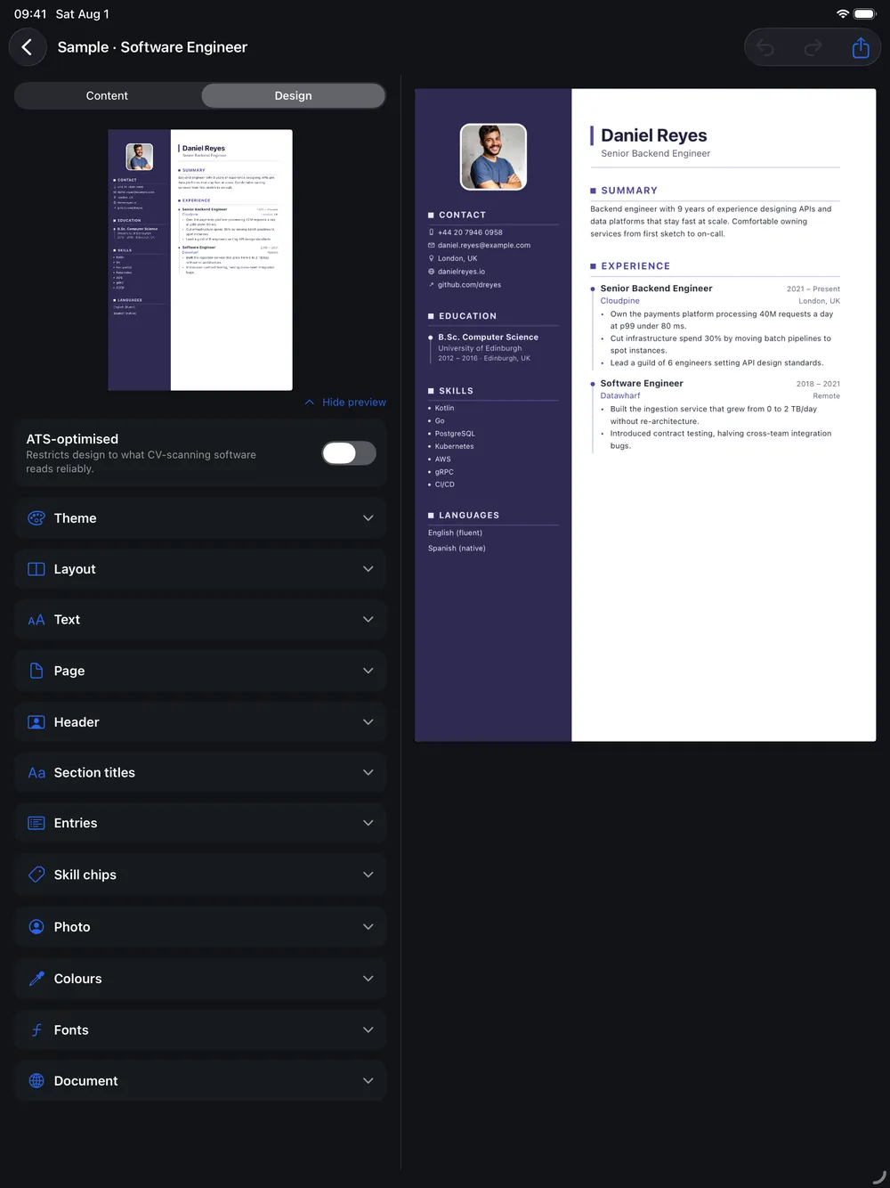 The KeptCV design panel on iPad with theme, layout and typography controls beside the live preview
