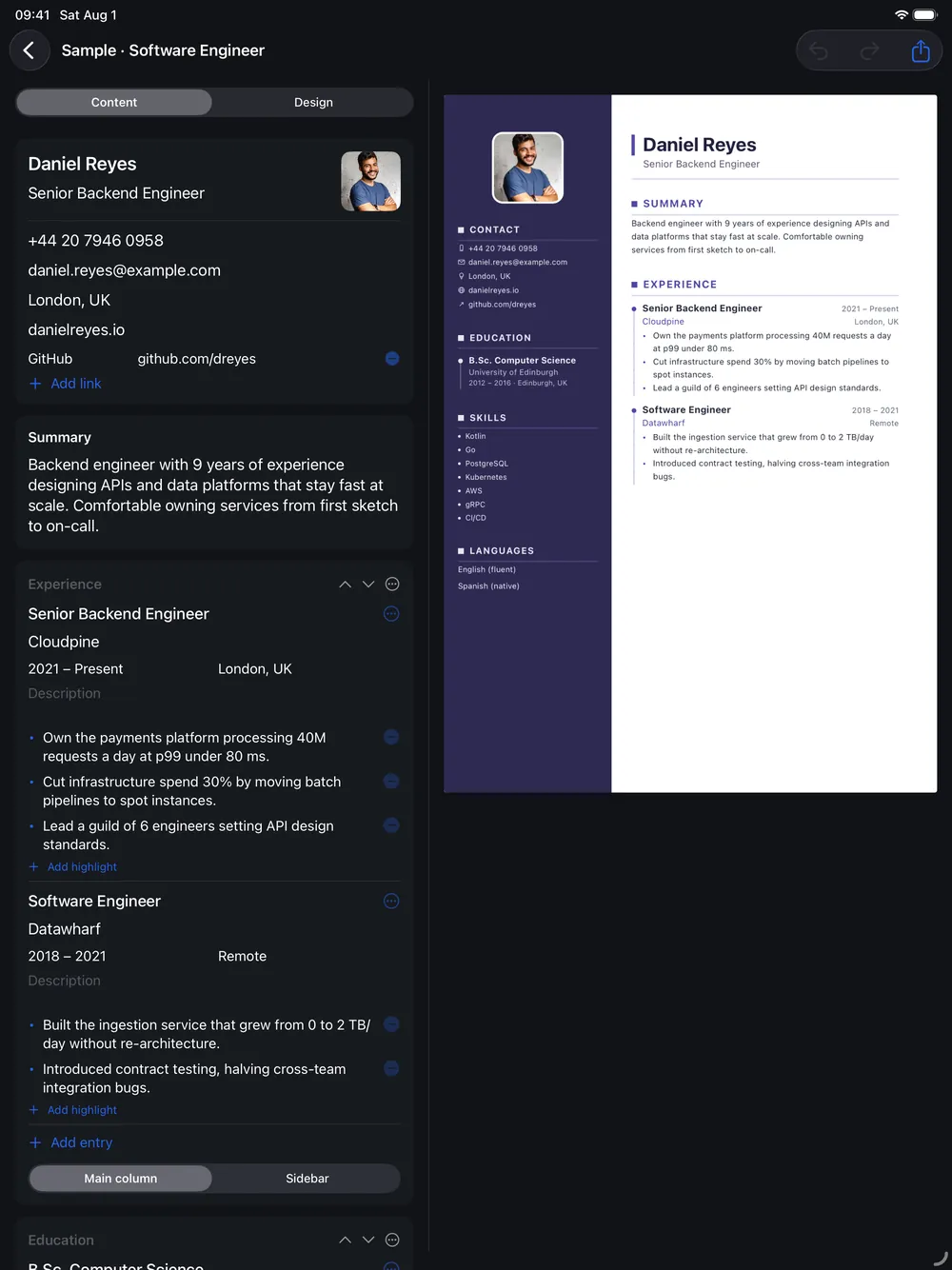 The KeptCV editor on iPad with the content form on the left and the live CV preview on the right
