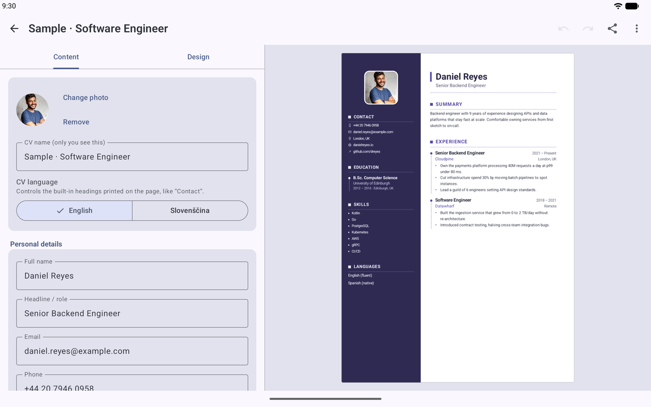KeptCV on a tablet in landscape: the content editor on the left, a live preview of the CV on the right