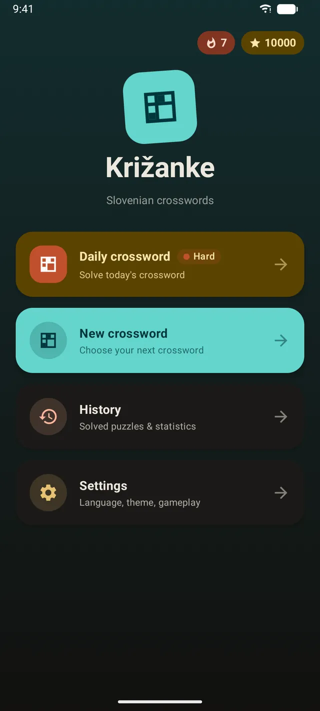 Križanke home screen with the daily crossword