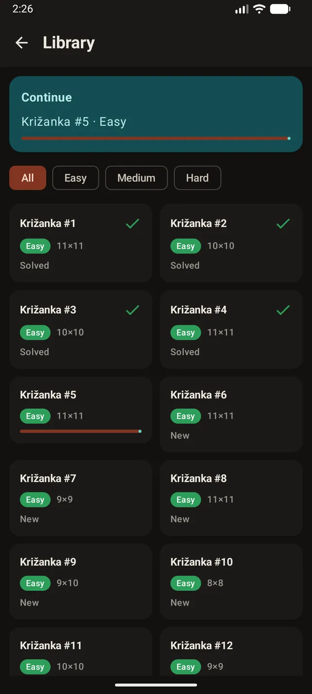 The Križanke puzzle library across three difficulty tiers