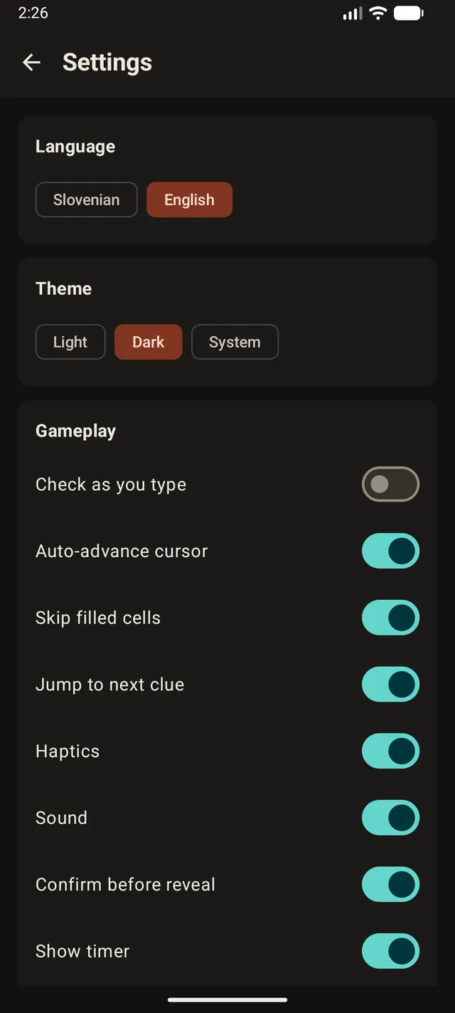 Križanke settings with language and theme options