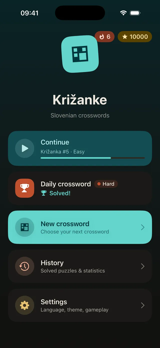 The Križanke home screen on iPhone with the streak, points wallet and daily crossword