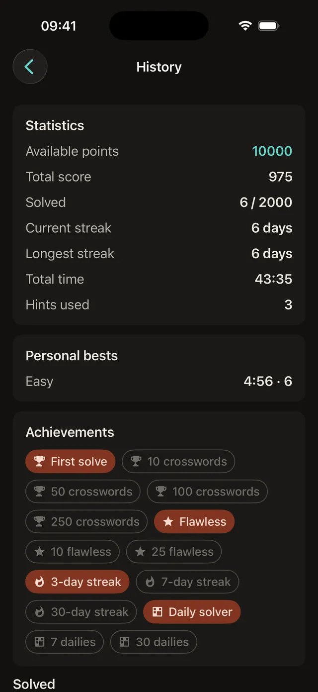 History on iPhone with statistics, personal bests and achievements