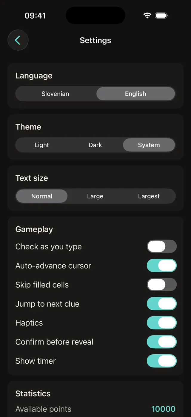 Settings on iPhone with language, theme, text size and gameplay options