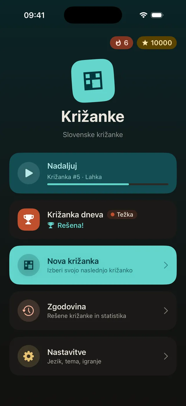 Začetni zaslon Križank na iPhonu s številom zaporednih dni reševanja, zbranimi točkami in križanko dneva