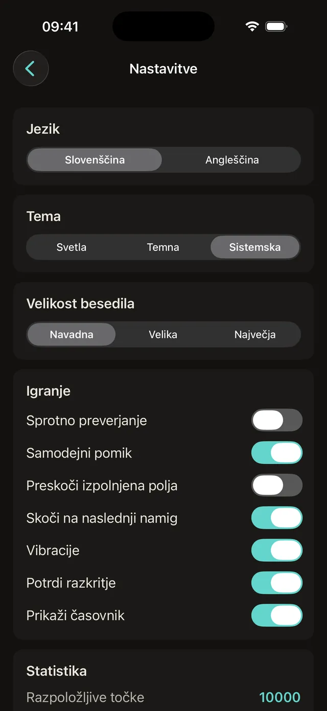 Nastavitve na iPhonu z jezikom, temo, velikostjo besedila in igralnimi možnostmi