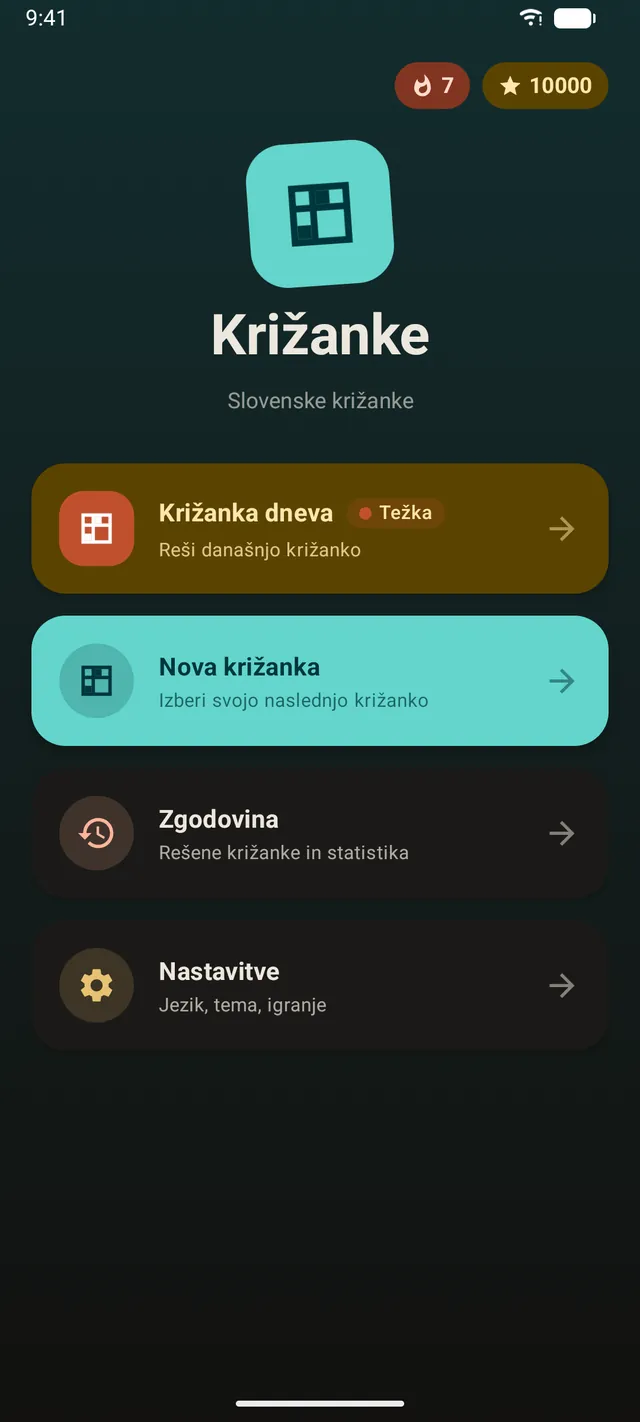 Začetni zaslon s križanko dneva, števcem niza in točkami v aplikaciji Križanke