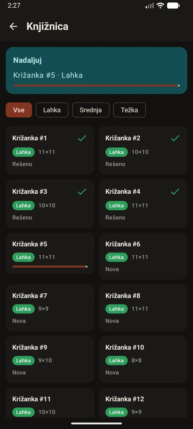 Knjižnica križank po stopnjah težavnosti v aplikaciji Križanke
