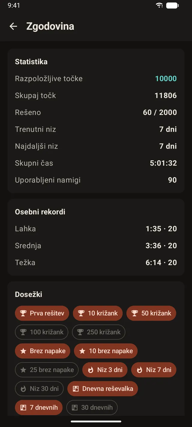 Statistika, najboljši časi in dosežki v aplikaciji Križanke