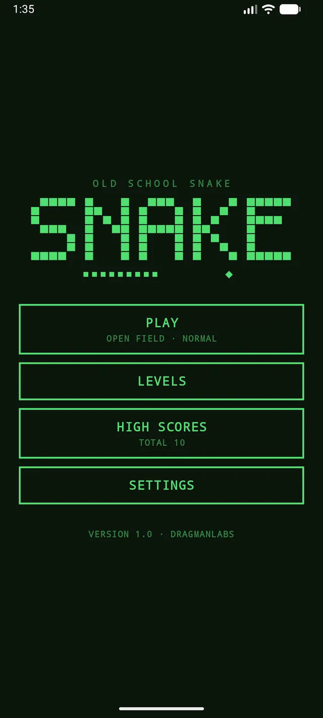 Old School Snake main menu on a green LCD screen