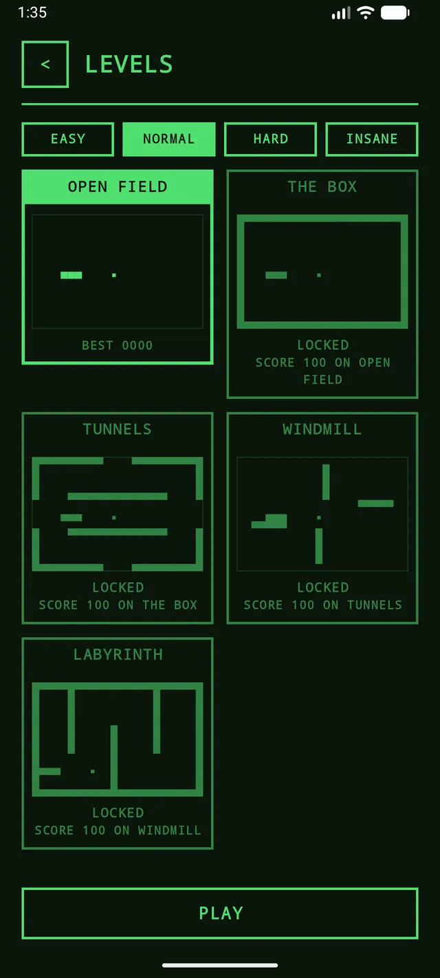 Old School Snake level select with the five playfields
