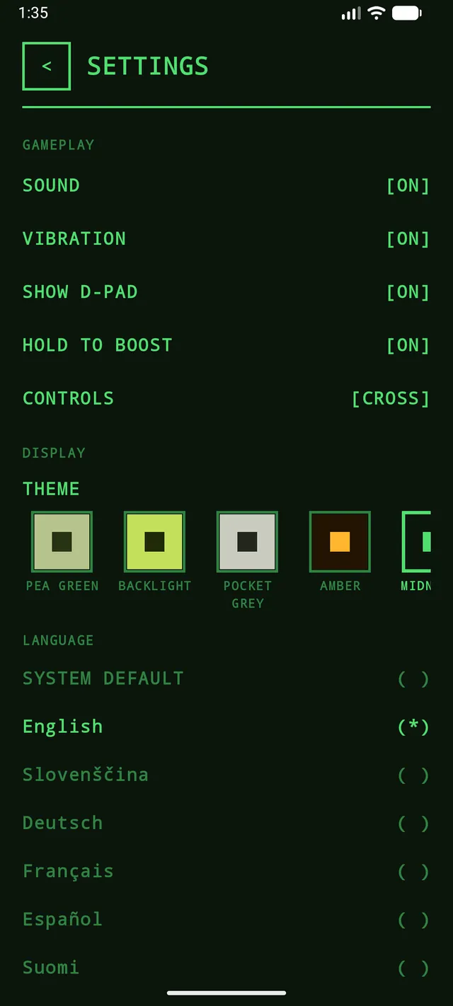 Old School Snake settings with display themes and controls
