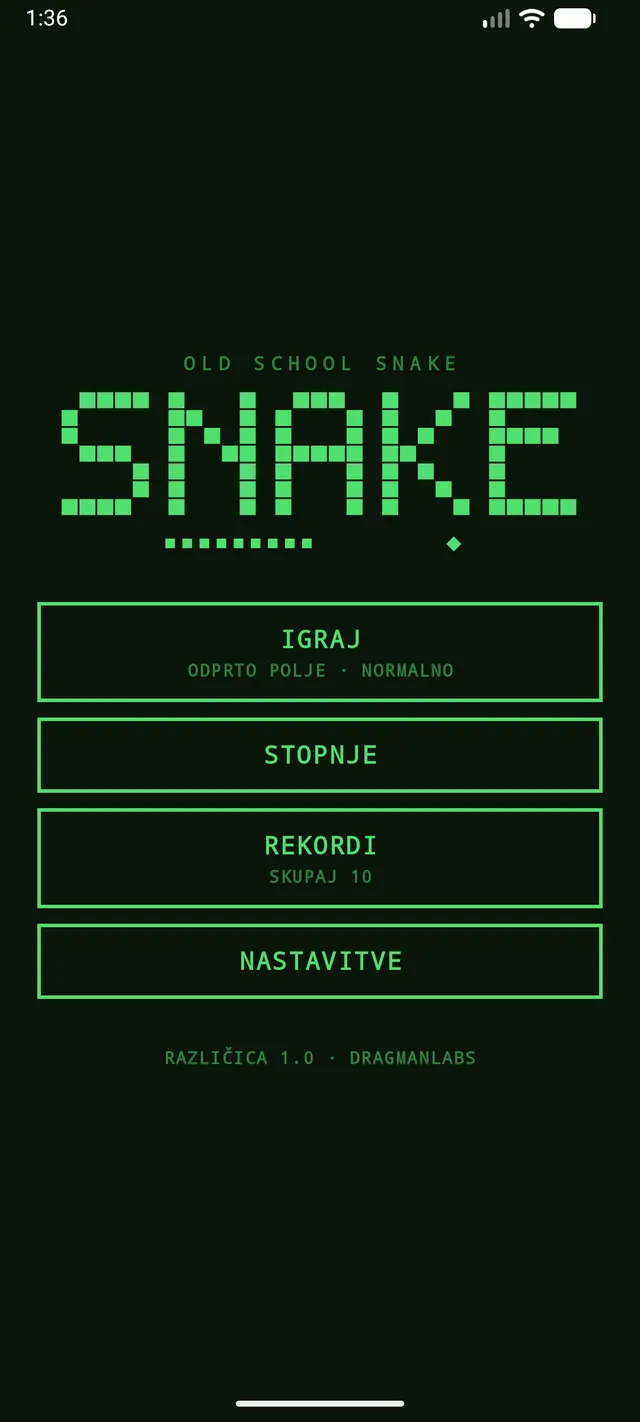 Glavni meni igre Old School Snake v retro LCD slogu