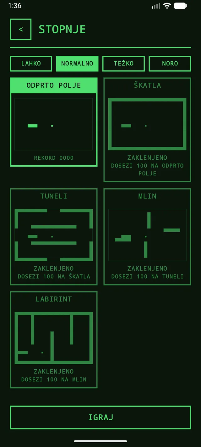 Izbira stopnje v igri Old School Snake
