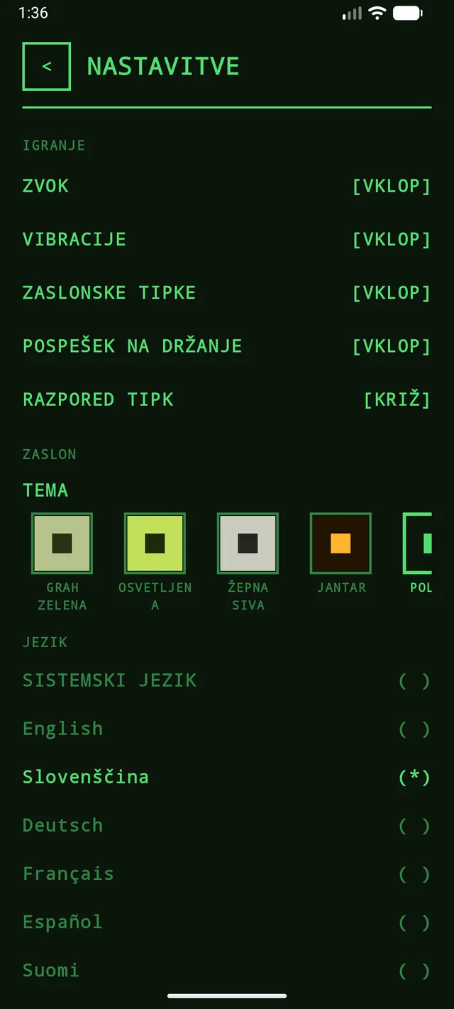 Nastavitve igre Old School Snake: teme, upravljanje in jezik