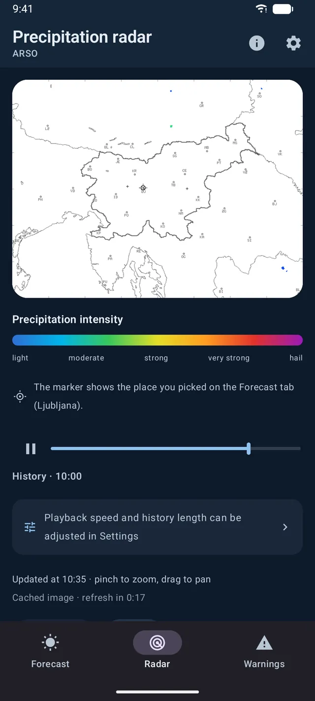 Podnebnik precipitation radar for Slovenia with a play and pause history timeline