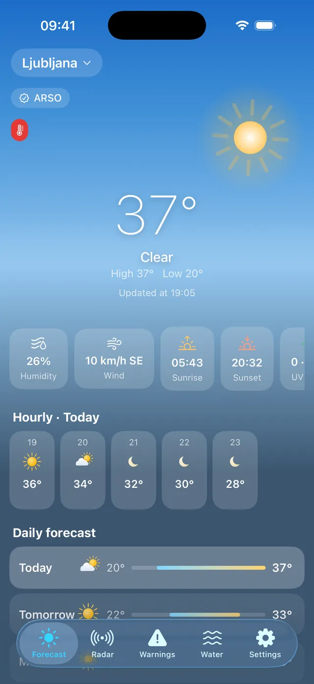 Podnebnik forecast screen on iPhone with current conditions