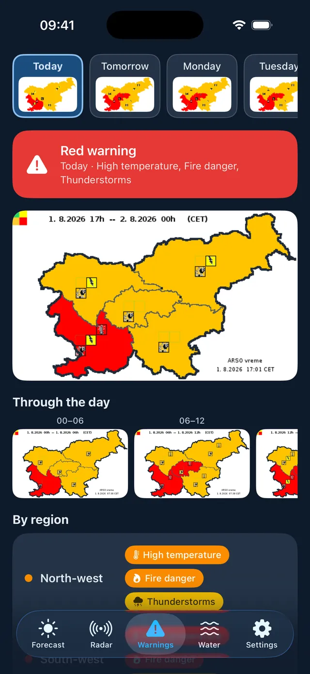 Podnebnik ARSO weather warnings on iPhone