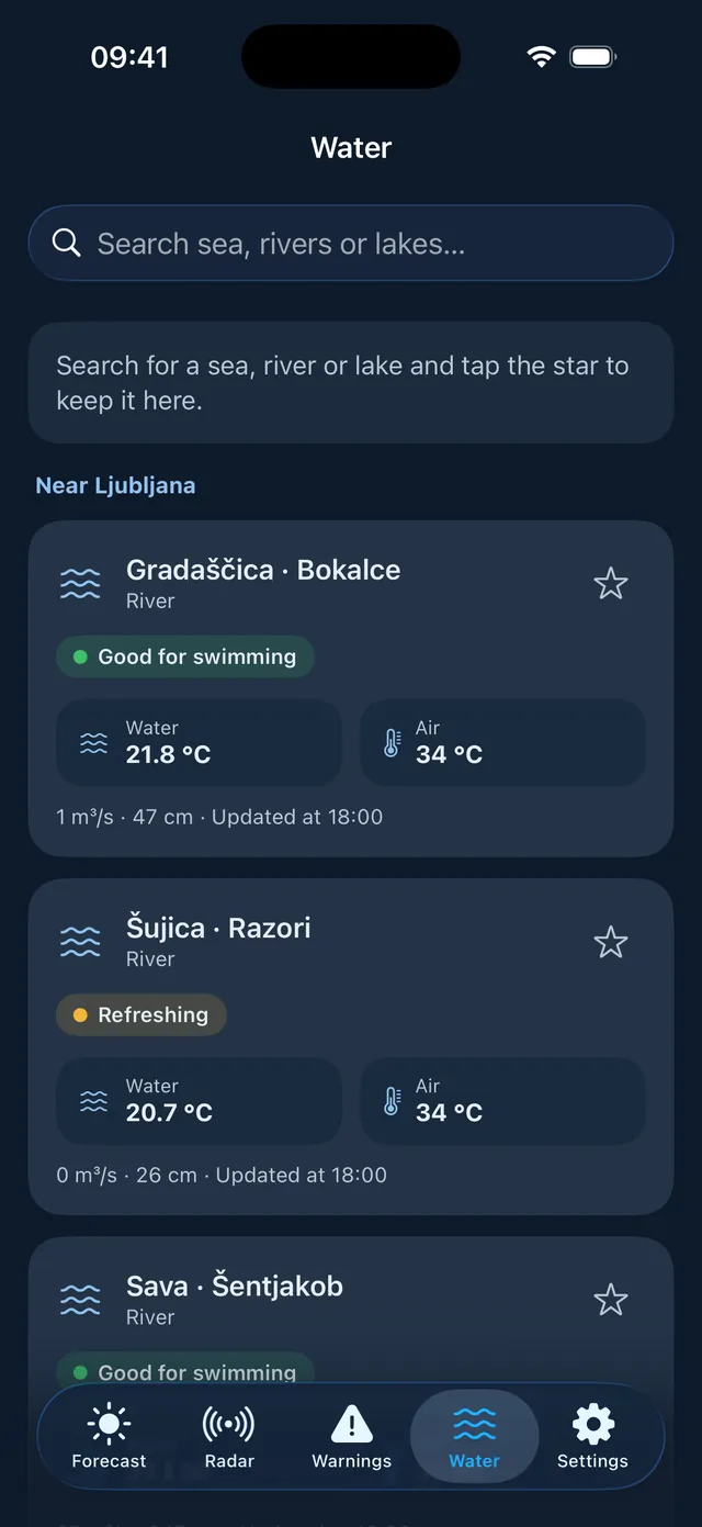 Podnebnik water temperatures on iPhone for sea, rivers and lakes