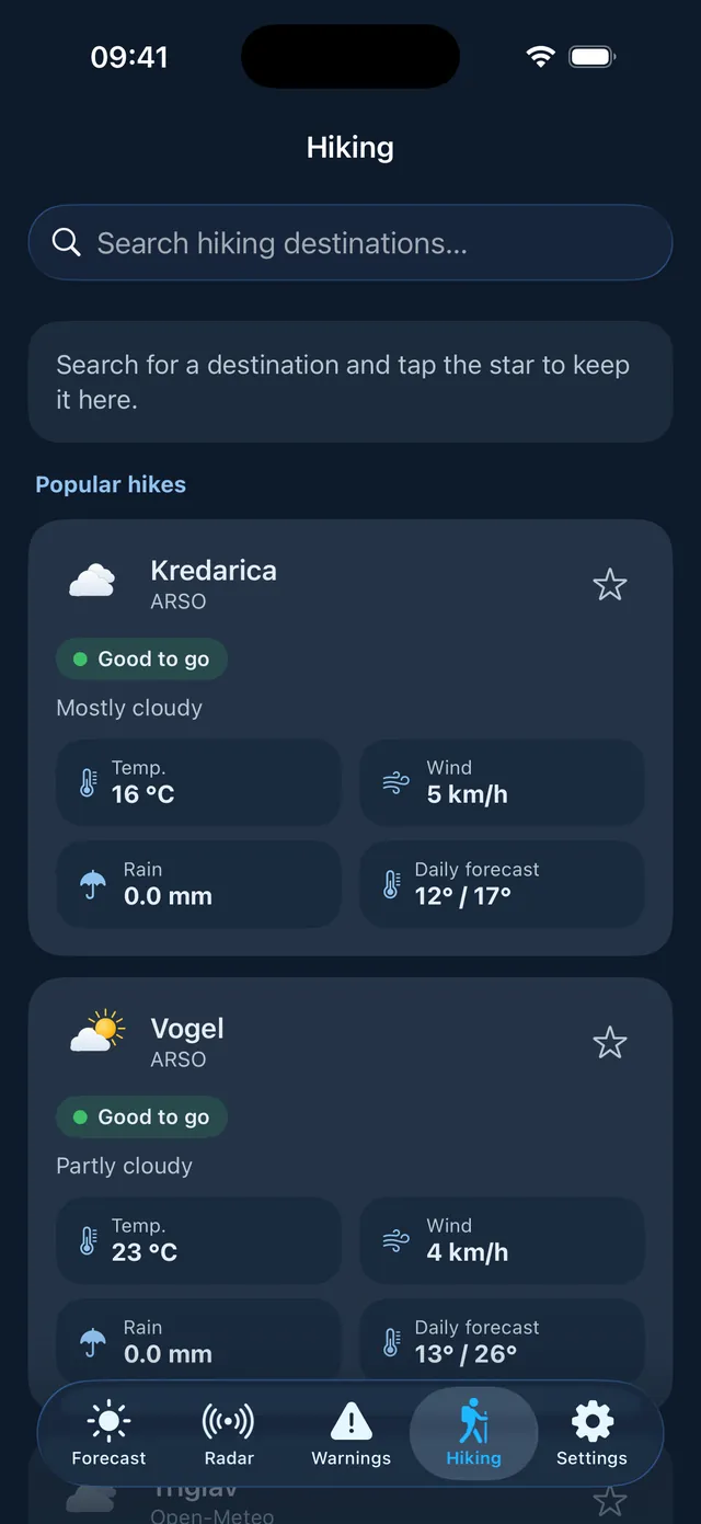 Podnebnik hiking weather on iPhone for Slovenia's mountains