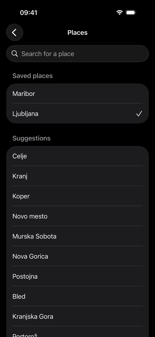 Podnebnik place search and saved places on iPhone