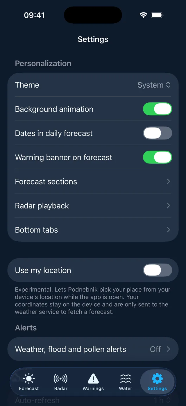 Podnebnik settings and personalization on iPhone