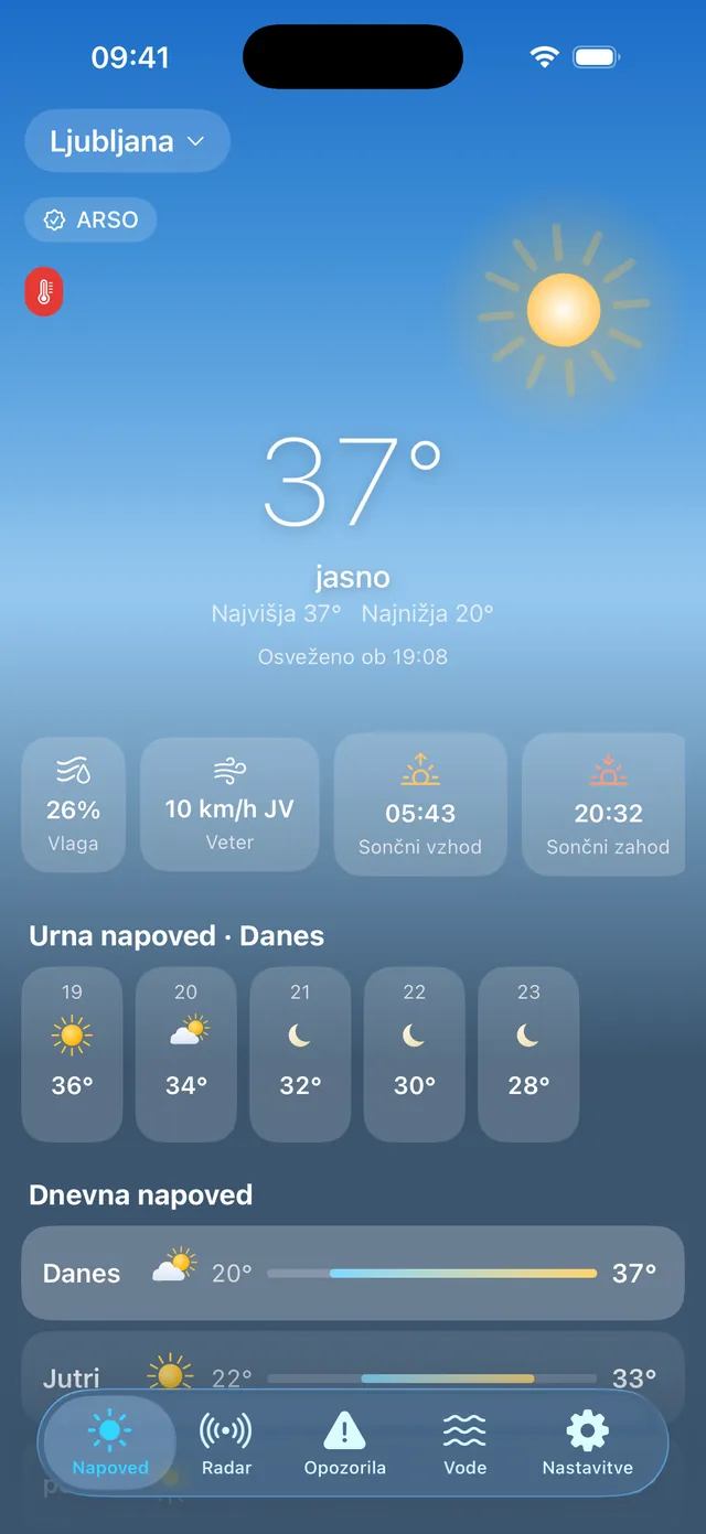 Zaslon napovedi s trenutnimi razmerami v aplikaciji Podnebnik na iPhonu