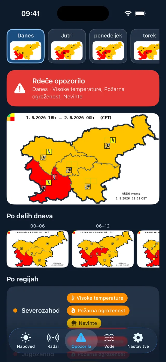 Vremenska opozorila ARSO v aplikaciji Podnebnik na iPhonu