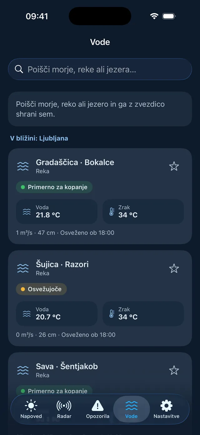 Temperature morja, rek in jezer v aplikaciji Podnebnik na iPhonu