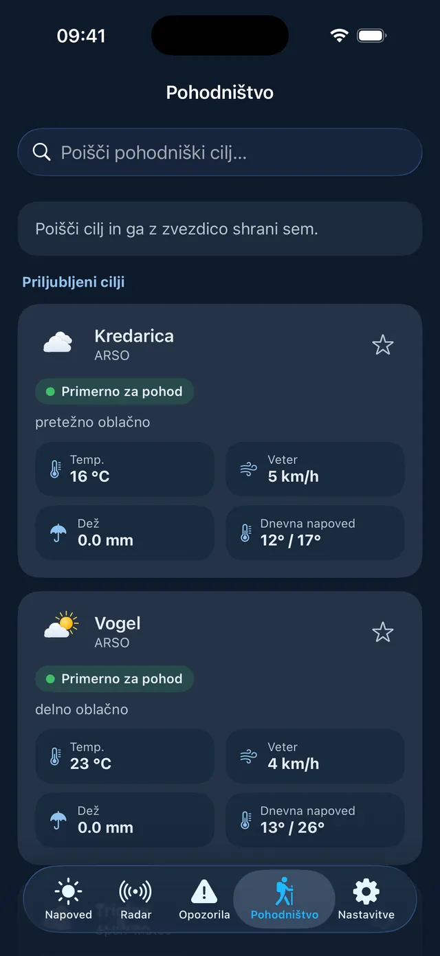 Vremenska napoved za hribe v aplikaciji Podnebnik na iPhonu