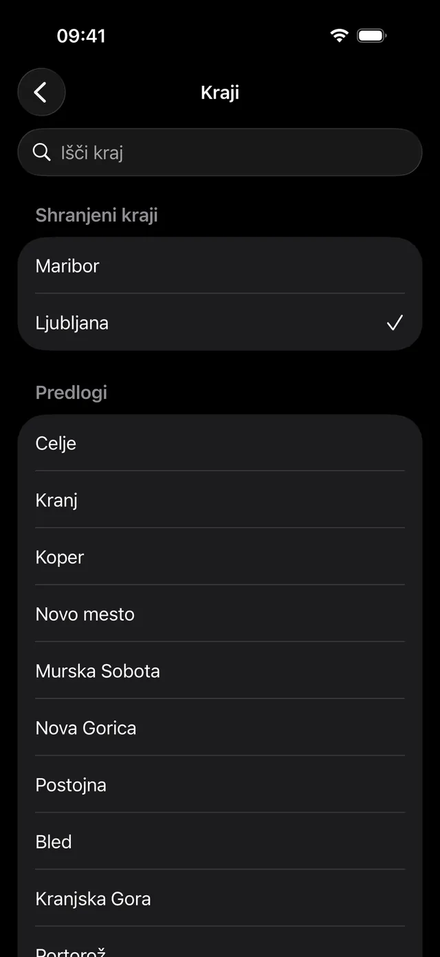Iskanje krajev in shranjeni kraji v aplikaciji Podnebnik na iPhonu