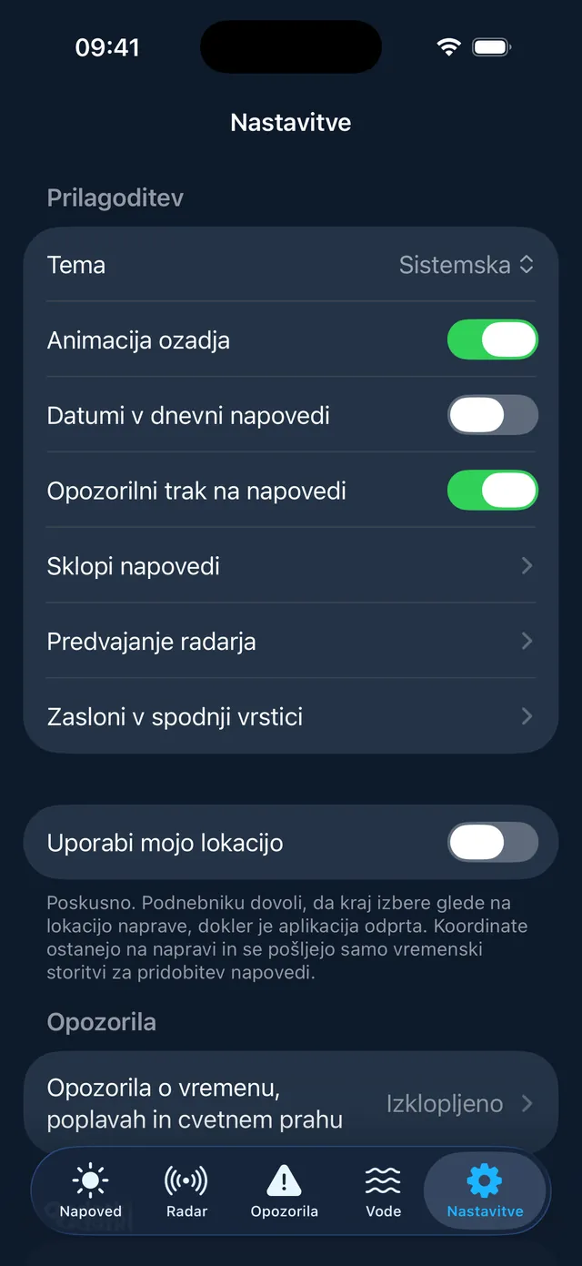Nastavitve in prilagajanje v aplikaciji Podnebnik na iPhonu