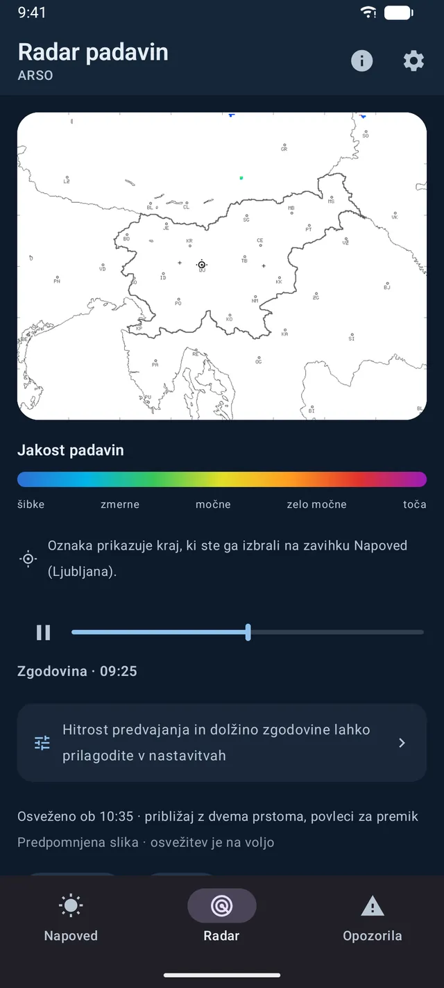 Radar padavin za Slovenijo s časovnico zgodovine in predvajanjem v aplikaciji Podnebnik