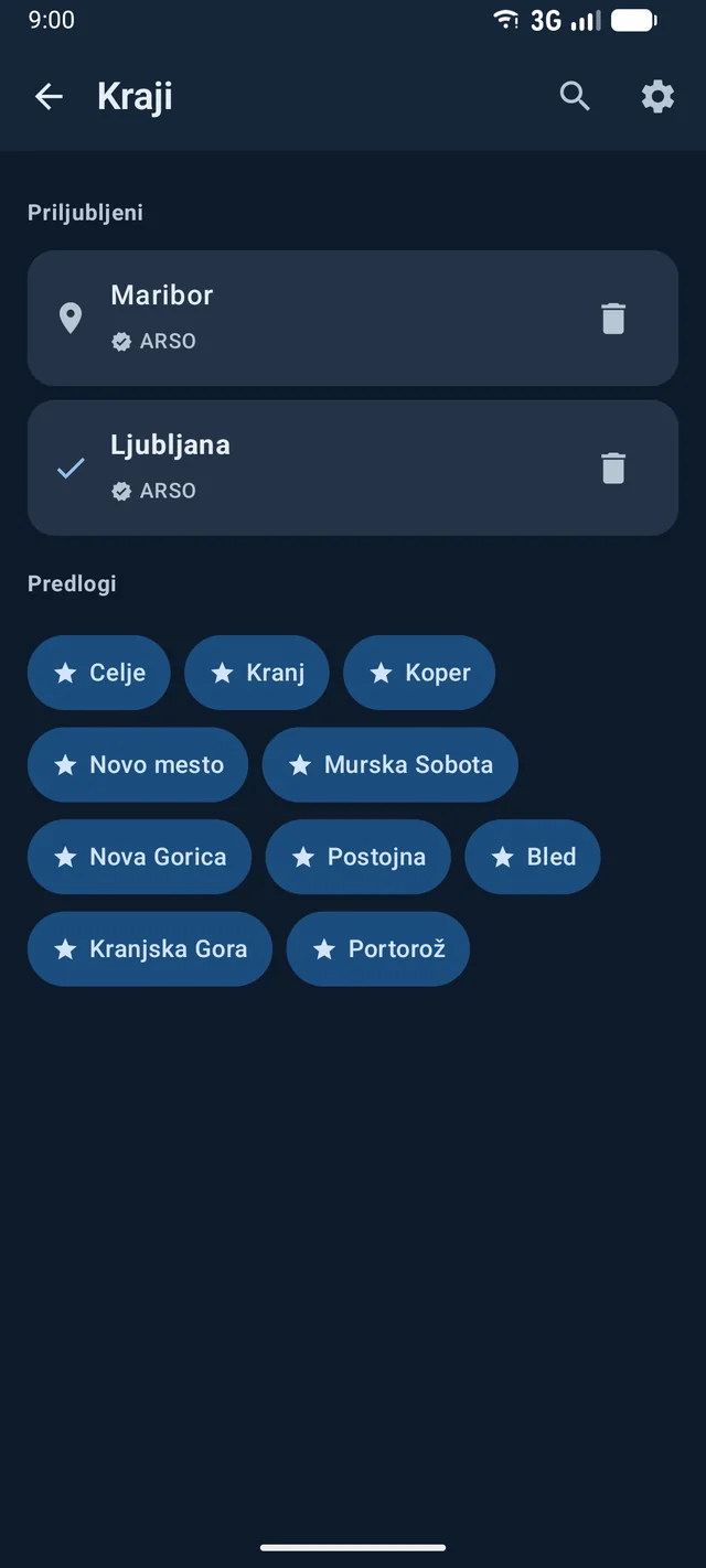 Iskanje krajev in priljubljeni kraji v aplikaciji Podnebnik
