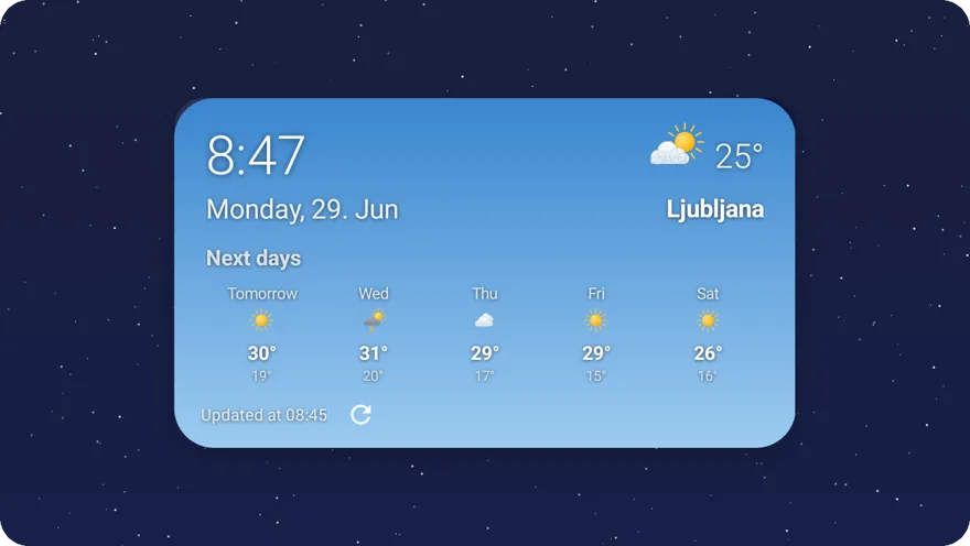 Clock widget showing the multi-day outlook