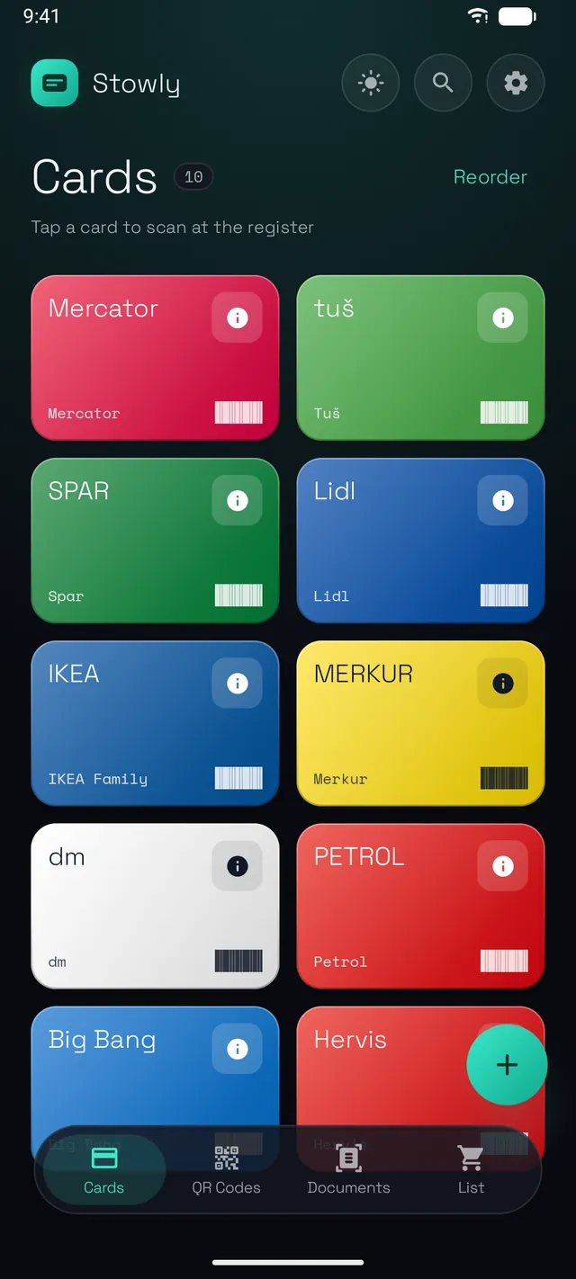 Loyalty cards arranged in a grid wallet
