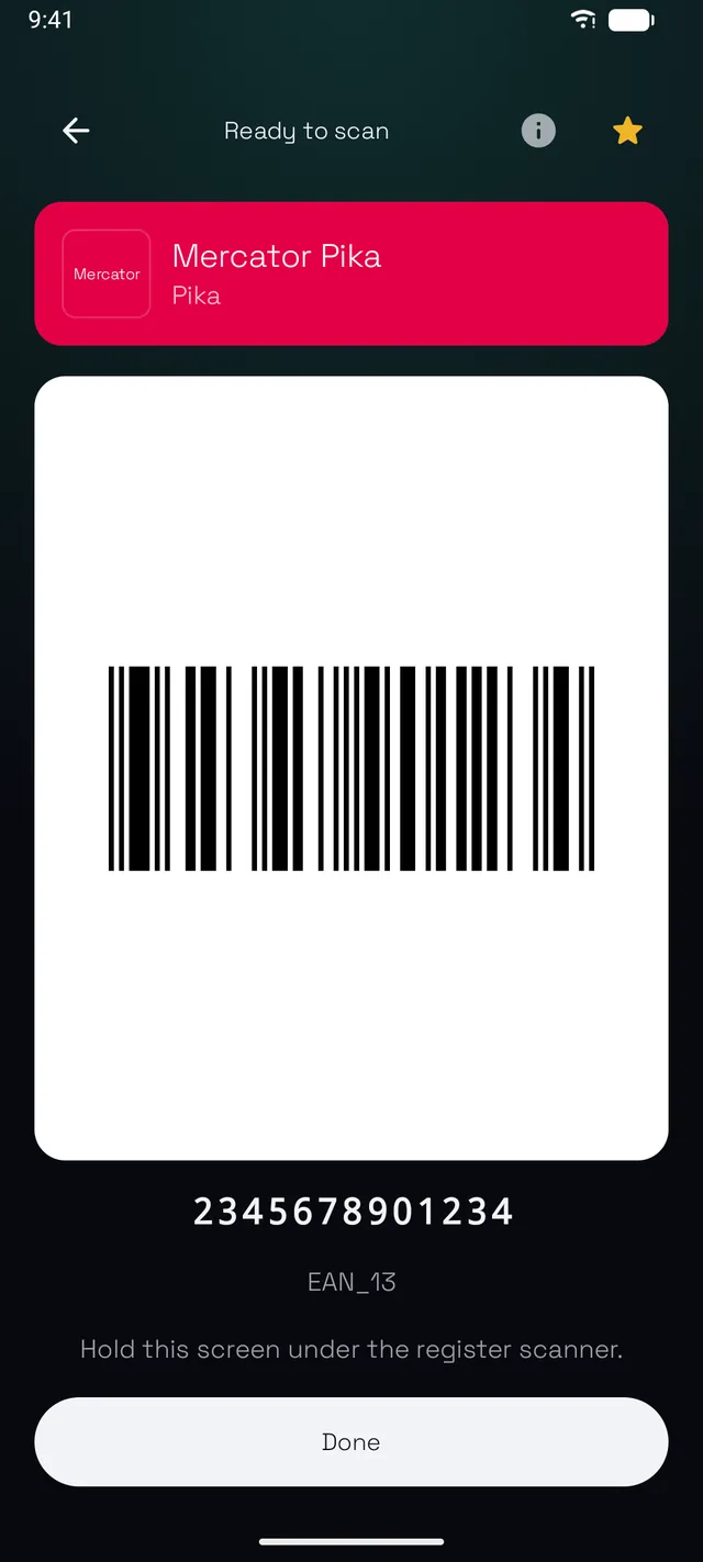 A loyalty card open full-screen, ready to scan at the till