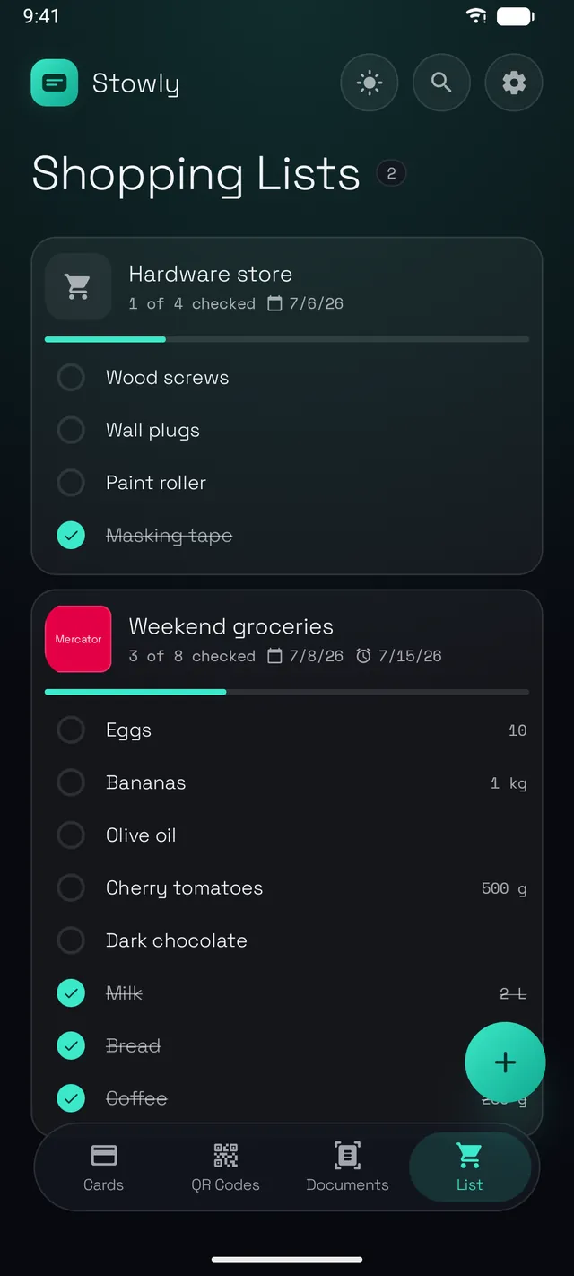 Shopping lists with check-off progress