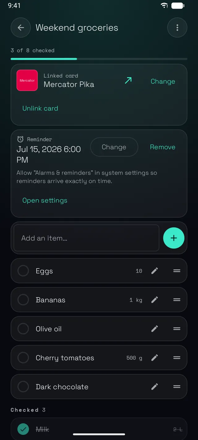 A shopping list with items and quantities