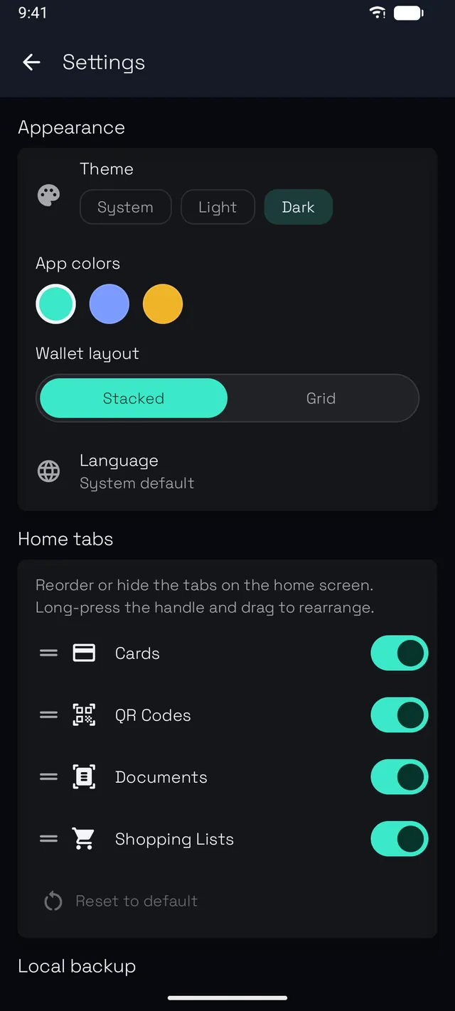 Stowly settings with themes, accent colours and tabs