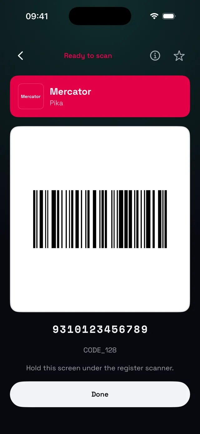 A loyalty card opened on iPhone with its barcode ready for the register scanner