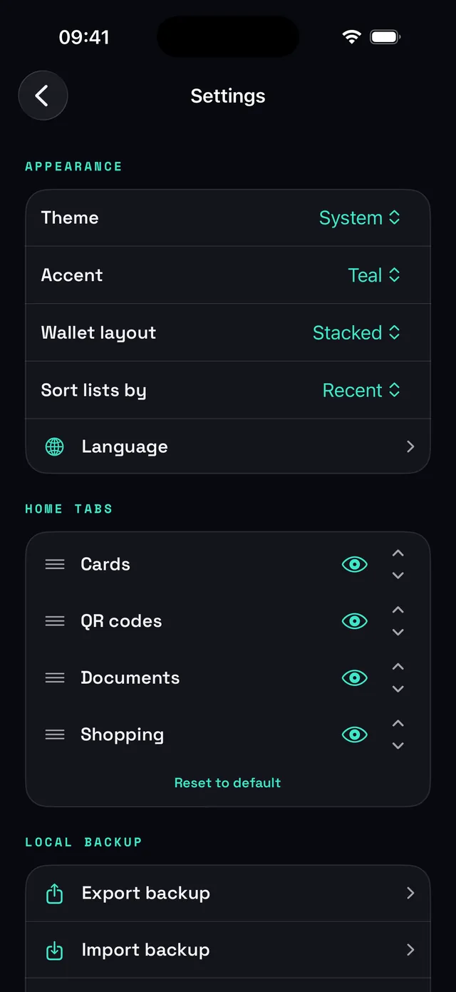 Stowly settings on iPhone with theme, accent, wallet layout and backup options